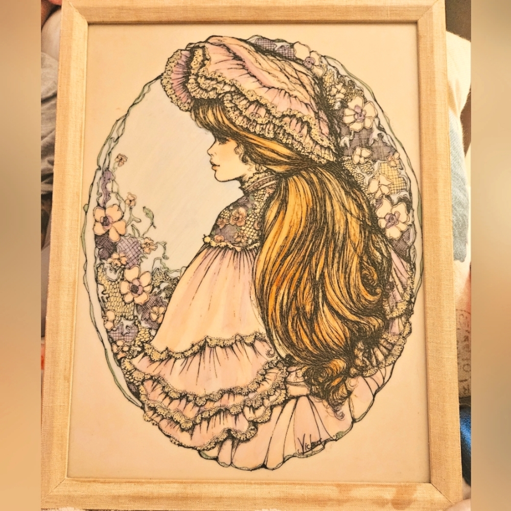Mary Vickers Hand Colored Resin Etching Portrait Frame 21×18 Framed